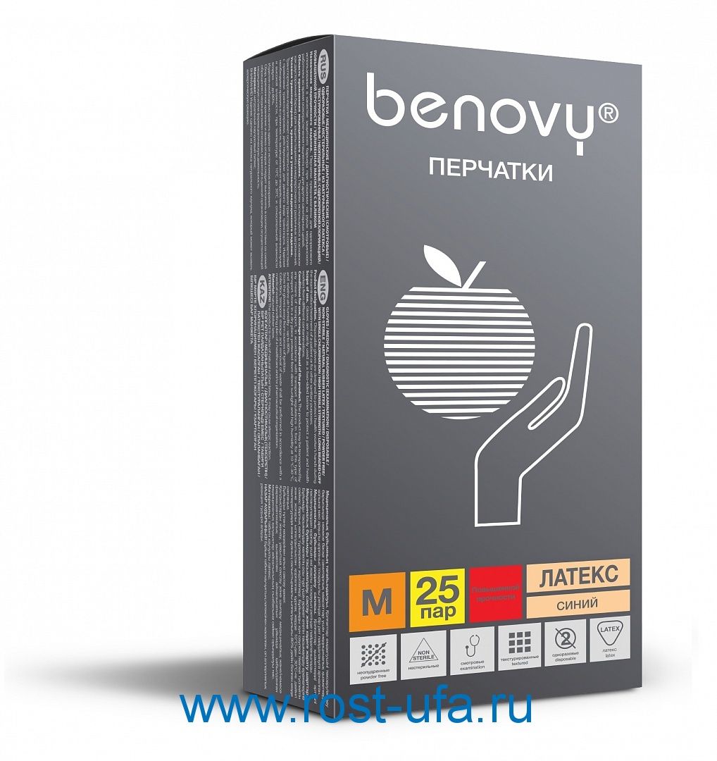 Перчатки Benovy латексные неопудренные особопрочные удлиненные 13гр. (25 пар), синий 